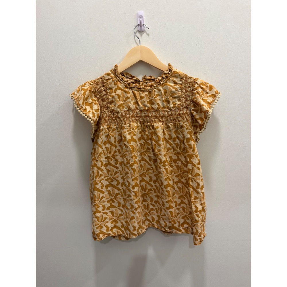 THML Women's Small Mustard Yellow Floral Smocked Blouse Ruffle Neck Boho Cotton